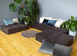 Угловой диван-трансформер MIELLA Lora, коричневый с бежевыми подушками